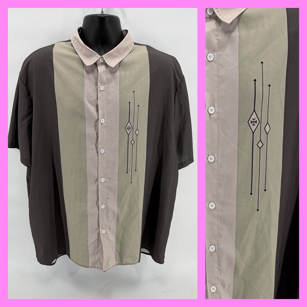 Unbranded Bowling Shirt Men XXL Brown Grey Sage Green Retro Colorblock Geometric